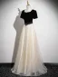 Elegant Black Pearl Rhinestone Sequins Prom Dresses 2026 A-Line / Princess Square Neckline Short Sleeve Backless