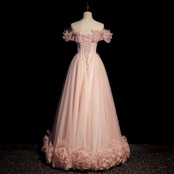 Classy Pearl Pink Pearl Sequins Prom Dresses 2022 A-Line / Princess Off-The-Shoulder Ruffle Flower Short Sleeve Backless Floor-Length / Long Prom Formal Dresses