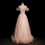 Classy Pearl Pink Pearl Sequins Prom Dresses 2022 A-Line / Princess Off-The-Shoulder Ruffle Flower Short Sleeve Backless Floor-Length / Long Prom Formal Dresses