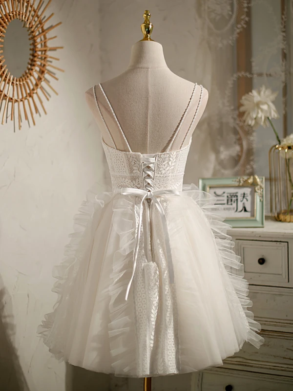 Sexy Ivory / Creme Spitze Kurze Geburtstag Partykleider 2022 A Linie Spaghettiträger Ärmellos Rückenfreies Schleife Spitze Blumen Cocktail Festliche Kleider