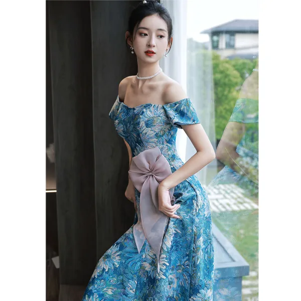 Fancy Ocean Blue Printing Prom Dresses 2022 A-Line / Princess Off-The-Shoulder Short Sleeve Backless Bow Floor-Length / Long Formal Dresses