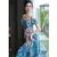 Fancy Ocean Blue Printing Prom Dresses 2022 A-Line / Princess Off-The-Shoulder Short Sleeve Backless Bow Floor-Length / Long Formal Dresses