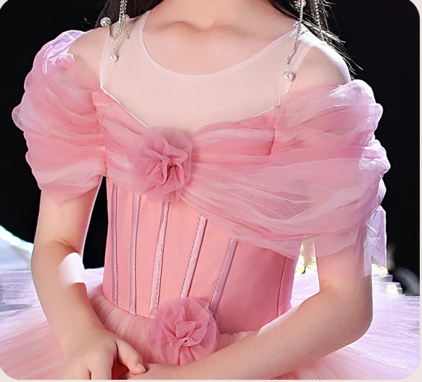 Lovely Blushing Pink Cascading Ruffles Appliques Birthday Flower Girl Dresses 2024 Ball Gown Scoop Neck Short Sleeve Floor-Length / Long