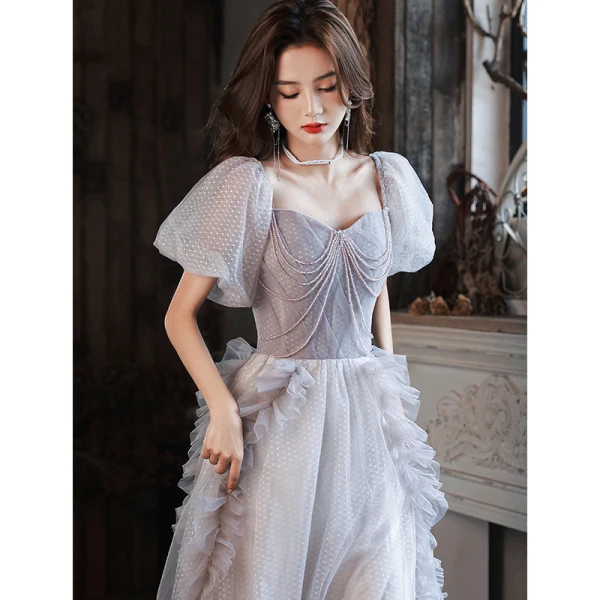 Chic / Beautiful Grey Beading Spotted Prom Dresses 2023 A-Line / Princess Strapless Short Sleeve Backless Floor-Length / Long Prom Formal Dresses