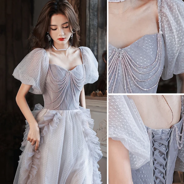 Chic / Beautiful Grey Beading Spotted Prom Dresses 2023 A-Line / Princess Strapless Short Sleeve Backless Floor-Length / Long Prom Formal Dresses