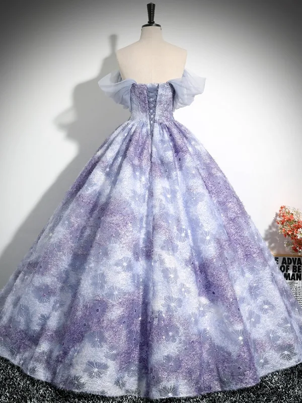 Elegant Lavender Rhinestone Lace Flower Appliques Prom Dresses 2024 Ball Gown Off-The-Shoulder Short Sleeve Backless Floor-Length / Long Prom Formal Dresses