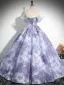 Elegant Lavender Rhinestone Lace Flower Appliques Prom Dresses 2024 Ball Gown Off-The-Shoulder Short Sleeve Backless Floor-Length / Long Prom Formal Dresses