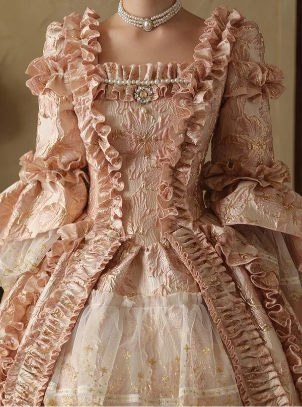 Vintage / Originale Médiévale Gothique Rougissant Rose Perle Paillettes Faux Diamant Robe De Bal 2024 Robe Boule Encolure Carrée Manches de cloche Longue Promo Robe De Ceremonie