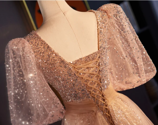 Bling Bling Champagne Beading Pearl Sequins Prom Dresses 2024 A-Line / Princess V-Neck Short Sleeve Backless Floor-Length / Long Prom Formal Dresses