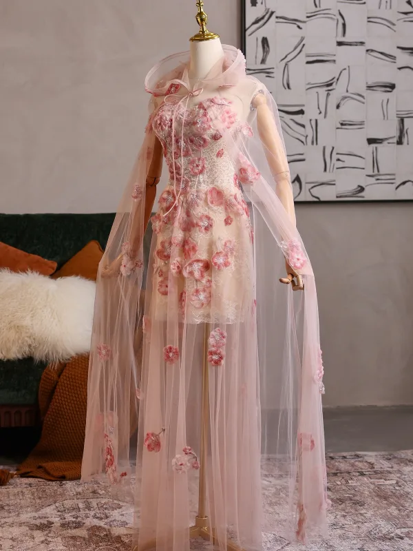 Flower Fairy Blushing Pink Beading Pearl Appliques Prom Dresses 2025 A-Line / Princess Scoop Neck Long Sleeve Backless Floor-Length / Long Formal Dresses