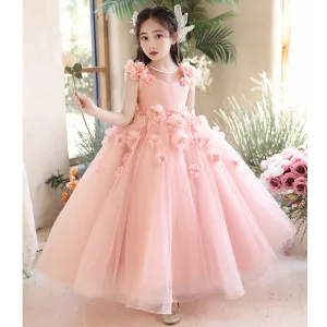 Chic Belle Rougissant Rose Appliques Anniversaire Robe Ceremonie Fille 2024 Robe Boule Encolure Carrée Sans Manches Longue