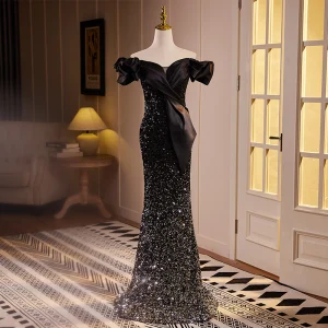 Sexy Noire Paillettes Robe De Soirée 2024 Trompette Sirène De L Épaule Manches Courtes Dos Nu Longue Soirée Robe De Ceremonie