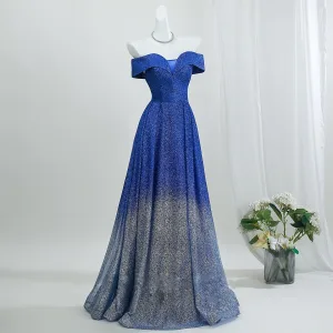 Stilfull Glitter Gradient Farge Kongeblå Ballkjoler 2026 Prinsesse Av Skulderen Korte Ermer Ryggløse Lange Formelle Kjoler