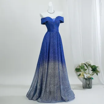 Sleek Glitter Gradient Color Royal Blue Prom Dresses 2026 A Line Princess Off The Shoulder Short Sleeve Backless Floor Length Long Formal Dresses