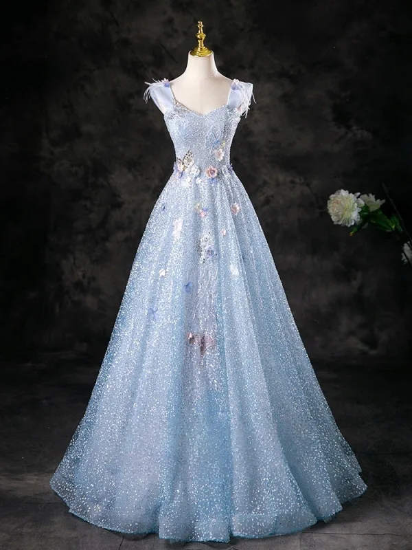 Bling Bling Sky Blue Beading Appliques Sequins Prom Dresses 2025 Ball Gown Off-The-Shoulder Sleeveless Backless Floor-Length / Long Formal Dresses
