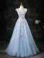 Bling Bling Sky Blue Beading Appliques Sequins Prom Dresses 2025 Ball Gown Off-The-Shoulder Sleeveless Backless Floor-Length / Long Formal Dresses