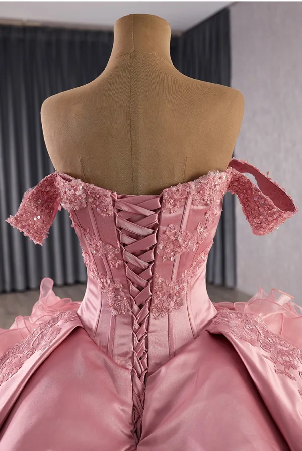 Luxury / Gorgeous Flower Fairy Candy Pink Handmade  Rhinestone Lace Flower Cascading Ruffles Prom Dresses Quinceañera 2025 Ball Gown Off-The-Shoulder Sleeveless Backless
