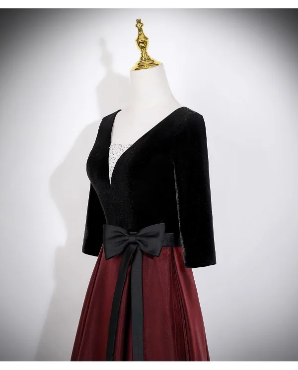 Vintage / Originale Bordeaux Noeud Ceinture Robe De Bal 2026 Princesse V-Cou 3/4 Manches Dos Nu