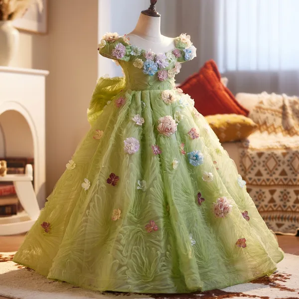 Flower Fairy Sage Green Beading Appliques Birthday Flower Girl Dresses 2025 Ball Gown Scoop Neck Short Sleeve Backless Floor-Length / Long Tulle
