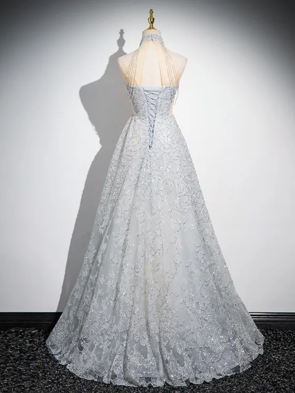 Mode Gris Perlage Paillettes Robe De Bal 2024 Princesse Col Haut Papillon Sans Manches Dos Nu Longue Promo Robe De Ceremonie