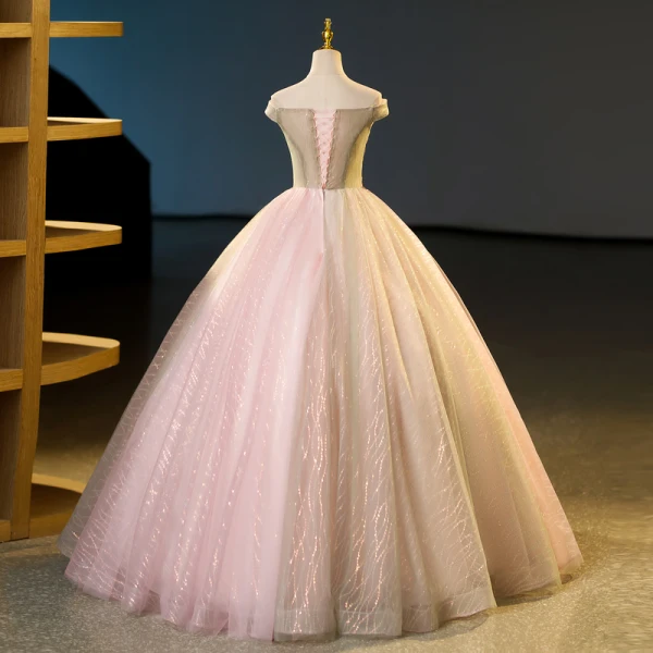 Élégant Rougissant Rose Perlage Paillettes En Dentelle Fleur Robe De Bal 2023 Robe Boule De l'épaule Sans Manches Dos Nu Longue Robe De Bal