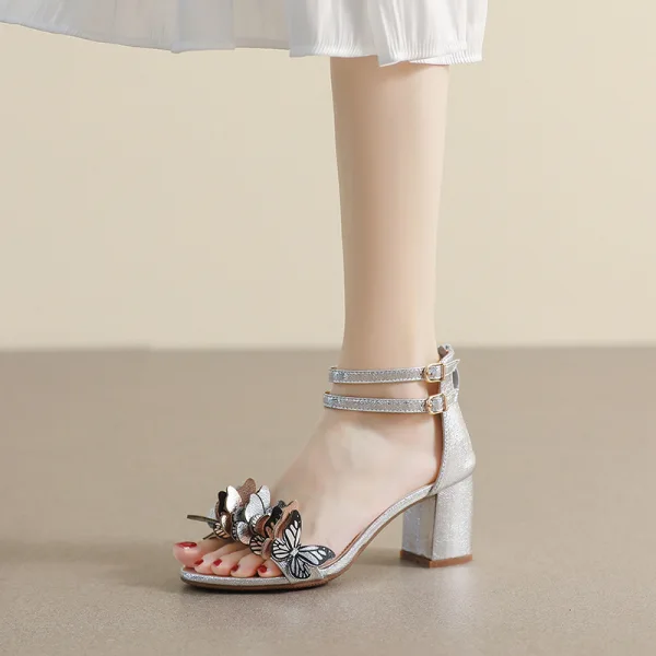 Chic / Belle Argenté Papillon Promo Sandales Femme 2023 Bride Cheville 7 cm Talons Épais Peep Toes / Bout Ouvert Sandales Talons Hauts