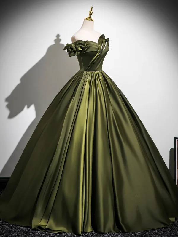 Vintage / Retro Dark Green Satin Prom Dresses 2025 Ball Gown Off-The-Shoulder Short Sleeve Backless Floor-Length / Long Formal Dresses