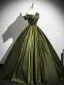 Vintage / Retro Dark Green Satin Prom Dresses 2025 Ball Gown Off-The-Shoulder Short Sleeve Backless Floor-Length / Long Formal Dresses