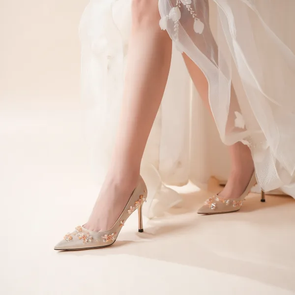 Elegant Champagne Beading Leather Wedding Shoes 2026 8 cm Stiletto Heels Pointed Toe Wedding Pumps High Heels