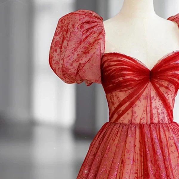 Chic / Beautiful Red Sequins Prom Dresses 2022 A-Line / Princess Square Neckline Puffy Short Sleeve Backless Bow Floor-Length / Long Formal Dresses