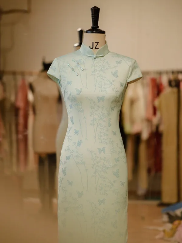 Chinese style Sage Green Printing Tea-length Cheongsam 2026 Trumpet / Mermaid High Neck Cap Sleeves