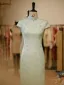 Chinese style Sage Green Printing Tea-length Cheongsam 2026 Trumpet / Mermaid High Neck Cap Sleeves
