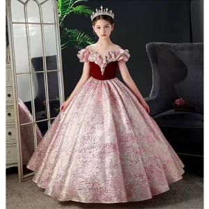 Bling Bling Bordeaux Paillettes Anniversaire Robe Ceremonie Fille 2023 Robe Boule Encolure Dégagée Volants Manches Courtes Longue Robe Ceremonie Fille