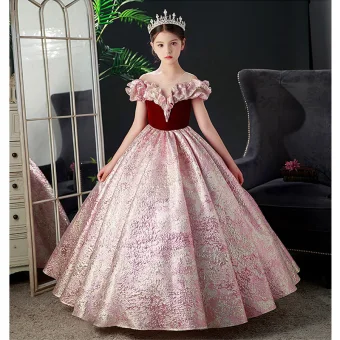 Bling Bling Bordeaux Paillettes Anniversaire Robe Ceremonie Fille 2023 Robe Boule Encolure Dégagée Volants Manches Courtes Longue Robe Ceremonie Fille