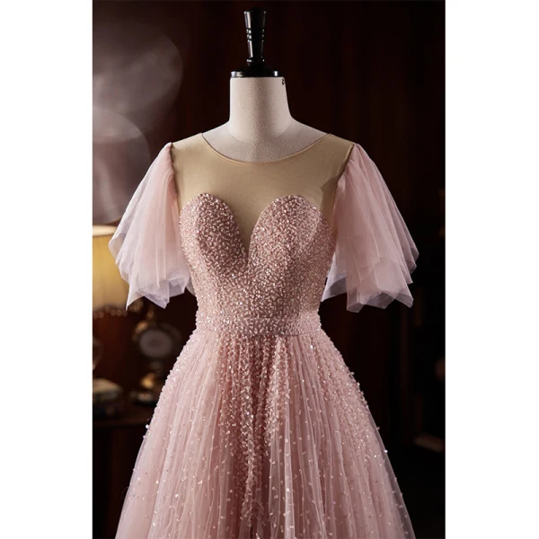 Charmant Rougissant Rose Perlage Paillettes Robe De Soirée 2023 Princesse Encolure Dégagée Manches Courtes Dos Nu Longue Soirée Robe De Ceremonie