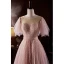 Charmant Rougissant Rose Perlage Paillettes Robe De Soirée 2023 Princesse Encolure Dégagée Manches Courtes Dos Nu Longue Soirée Robe De Ceremonie