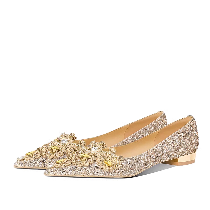 Glitter Goud Rhinestone Pailletten Bruidsschoenen 2024 Lage Hak Spitse Neus  Huwelijk Pumps Hoge Hakken