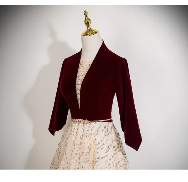 Chic / Beautiful Burgundy Sequins Prom Dresses 2025 A-Line / Princess V-Neck 1/2 Sleeves Backless Sash Floor-Length / Long Prom Formal Dresses