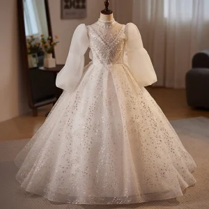 Élégant Blanche Perlage Perle Paillettes Anniversaire Robe Ceremonie Fille 2024 Robe Boule Col Haut Manches Longues Dos Nu Longue