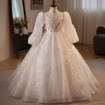Elegant White Beading Pearl Sequins Birthday Flower Girl Dresses 2024 Ball Gown High Neck Long Sleeve Backless Floor Length Long