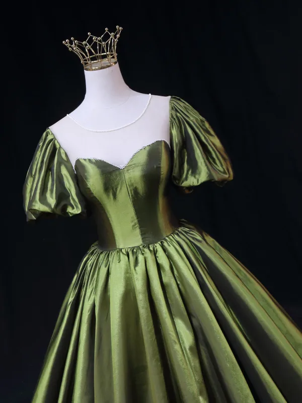 Vintage / Retro Dark Green Prom Dresses 2025 Ball Gown Scoop Neck Short Sleeve Backless Sweep Train Formal Dresses