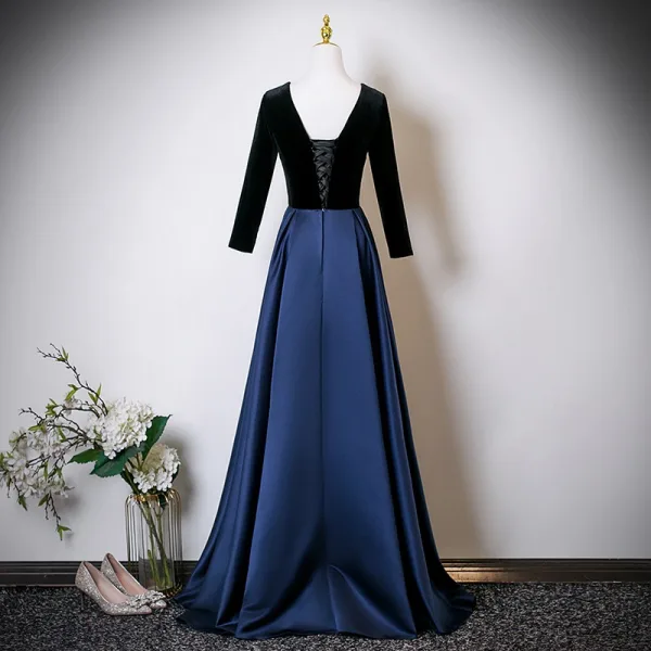 Vintage / Retro Navy Blue Rhinestone Satin Prom Dresses 2025 A-Line / Princess V-Neck Long Sleeve Backless Floor-Length / Long Formal Dresses