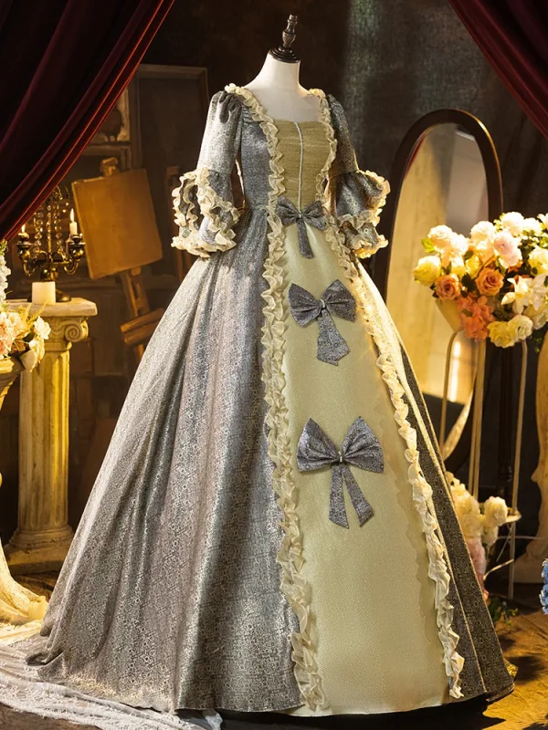 Medieval Grey Glitter Printing Bow Cosplay Lolita Prom Dresses 2024 Ball Gown Square Neckline Short Sleeve Backless Floor-Length / Long Formal Dresses