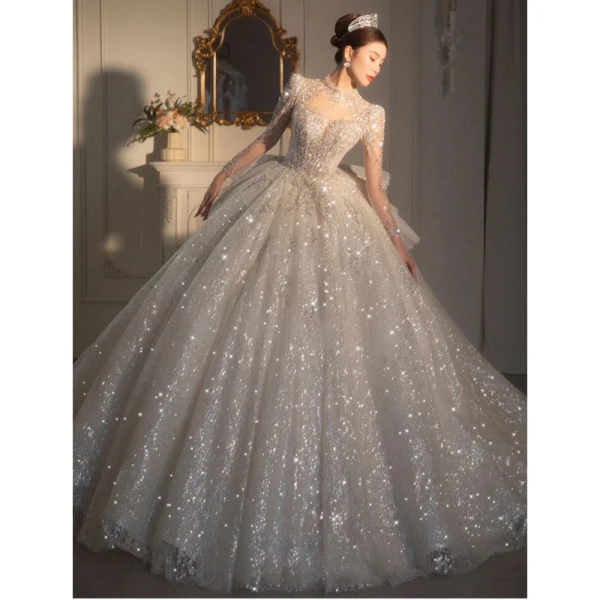 Charming White Beading Glitter Sequins Wedding Dresses 2023 Ball Gown High Neck Long Sleeve Backless Floor-Length / Long Wedding
