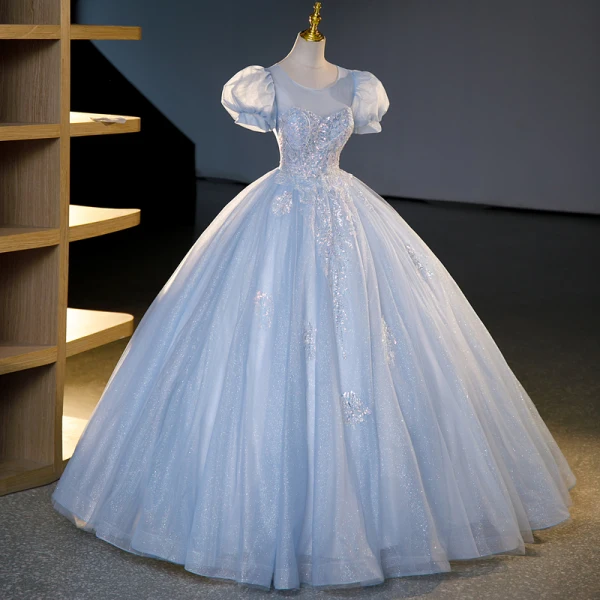 Chic / Beautiful Sky Blue Beading Sequins Prom Dresses 2023 Ball Gown Scoop Neck Puffy Short Sleeve Backless Floor-Length / Long Prom Formal Dresses