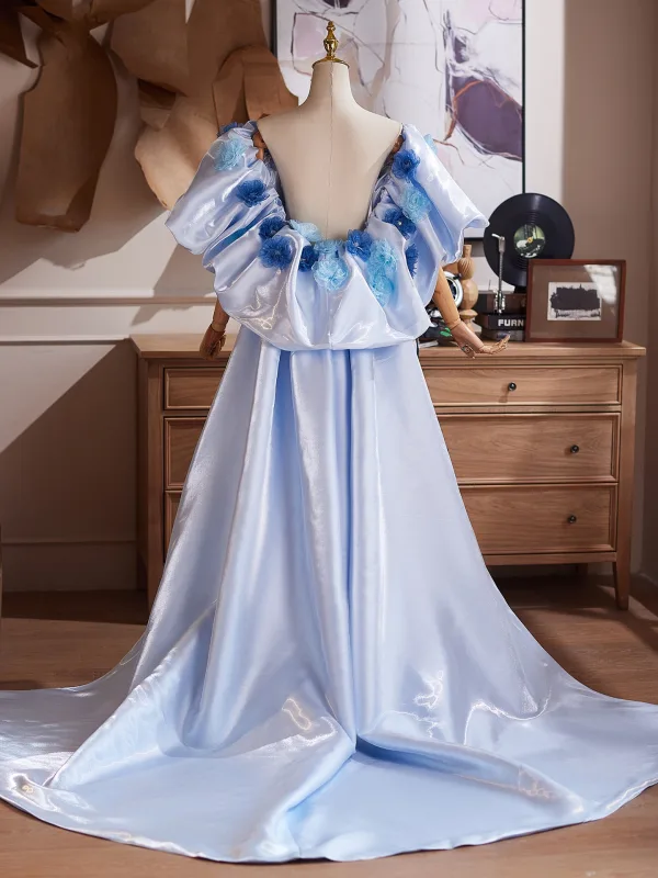 Elegant Himmelen Blå Håndlaget Appliques Ball Satin Sjal Korte Ermer 2026