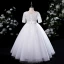 Elegant White Pearl Sequins Evening Party Flower Girl Dresses 2022 Ball Gown Scoop Neck Short Sleeve Sash Floor-Length / Long Flower Girl Dresses
