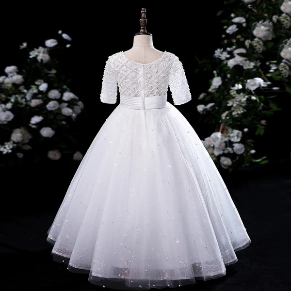 Chic / Beautiful White Beading Pearl Sequins Birthday Flower Girl Dresses 2024 Ball Gown Square Neckline Short Sleeve Floor-Length / Long