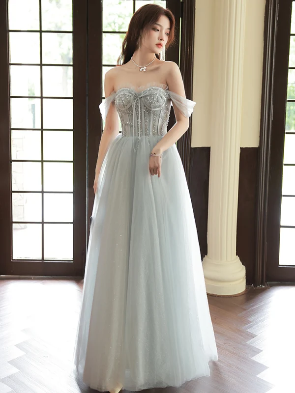 Charming Silver Grey Evening Dresses 2023 A-Line Princess Off-The-Shoulder Beading Long Charming Silver Grey Evening Dresses 2023 A-Line Princess Off-The-Shoulder Beading Long