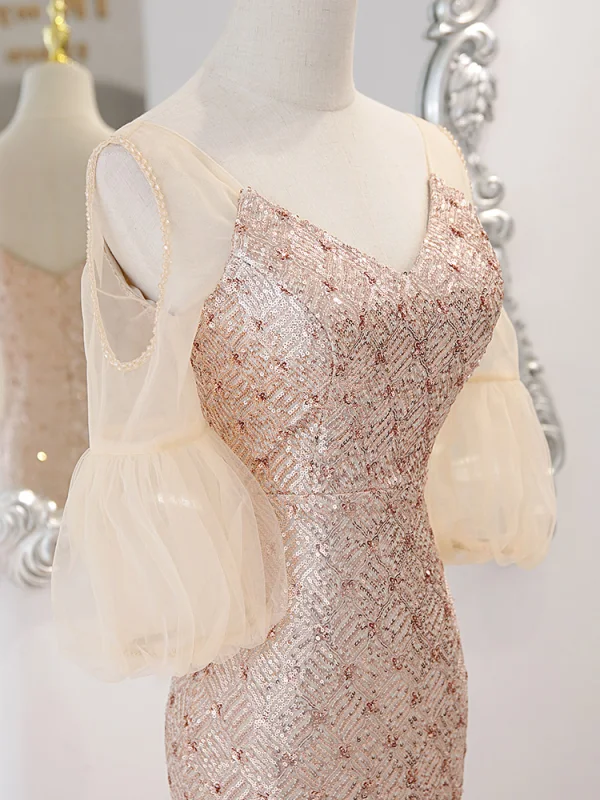 Scintillantes Doré Paillettes Robe De Soirée 2023 Trompette / Sirène V-Cou 1/2 Manches Dos Nu Train De Balayage Soirée Robe De Ceremonie